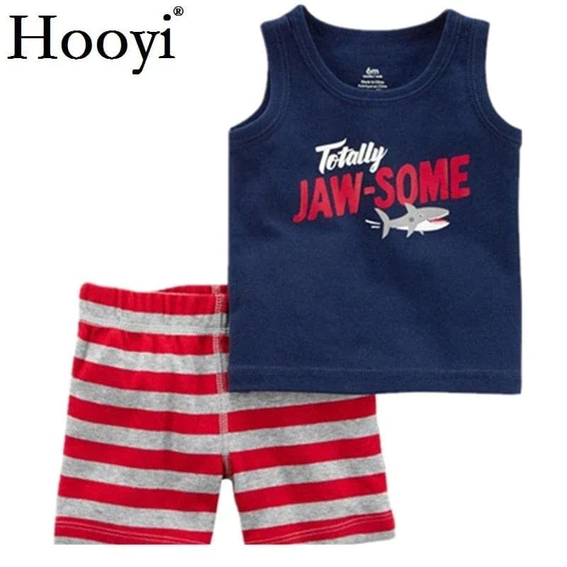 children's summer shorts set navy blue tank top with shark graphic and red gray striped shorts for toddlers