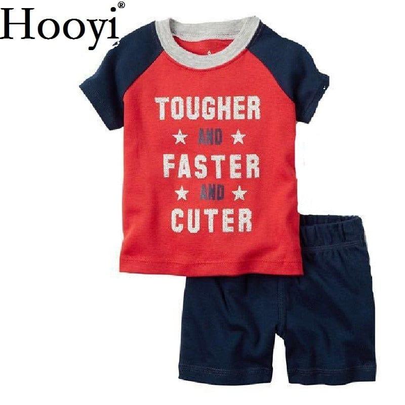 Toddler boys childrens summer shorts set with red and navy top and navy shorts featuring tough and faster and cuter text