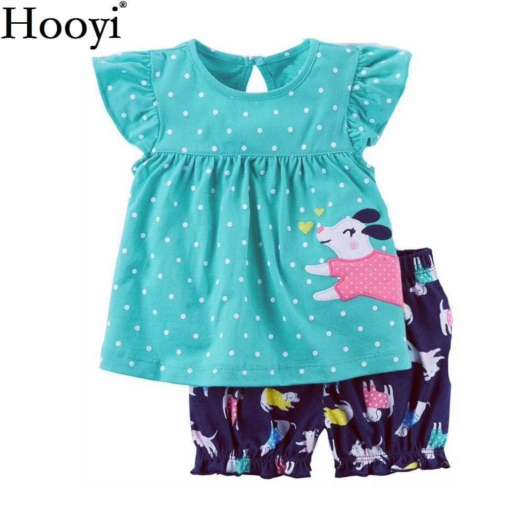 Toddler girls turquoise polka dot top with dog applique and navy printed shorts childrens summer shorts set