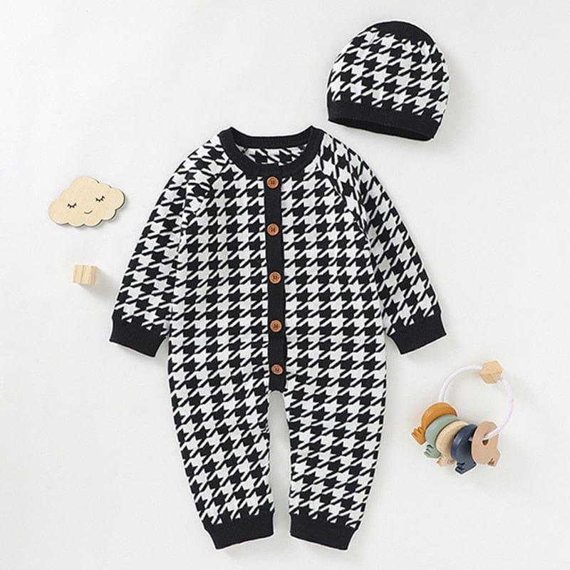 black and white houndstooth baby romper set with matching hat for infants