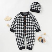 black and white houndstooth baby romper set with matching hat for infants