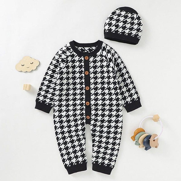 black and white houndstooth baby romper set with matching hat for infants