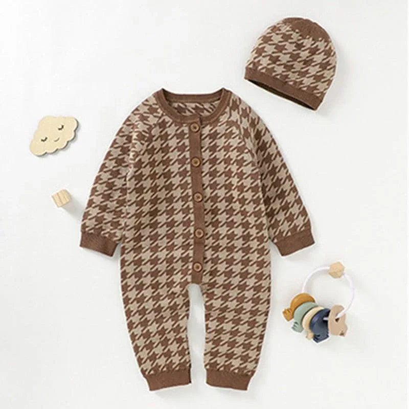 brown and beige houndstooth baby romper set with long sleeves and matching hat for infants