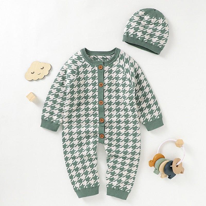 Green and white houndstooth baby romper set for infants with long sleeves and button front closure
