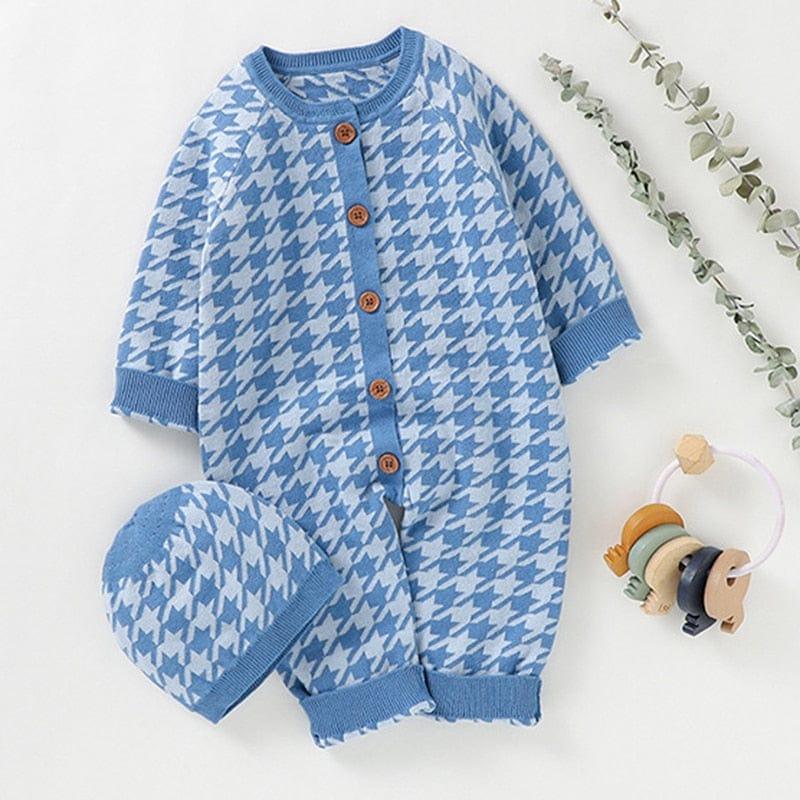 blue houndstooth baby romper set with hat for newborns featuring wooden buttons