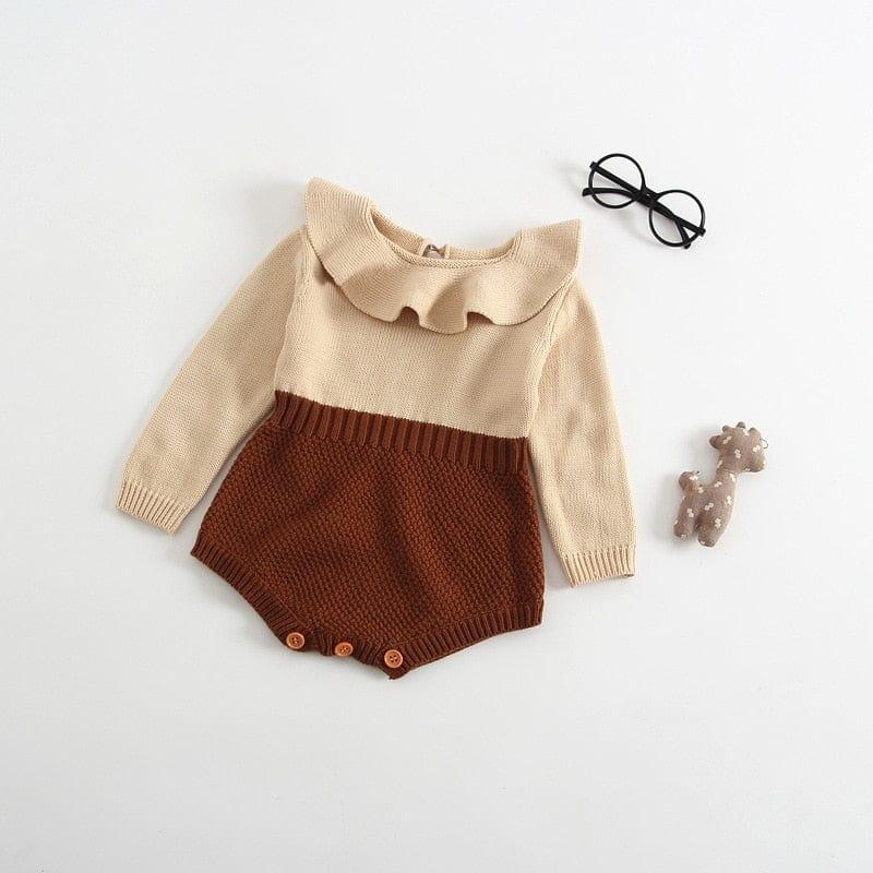 Beige and brown knit romper for babies with long sleeves and ruffled collar for infants