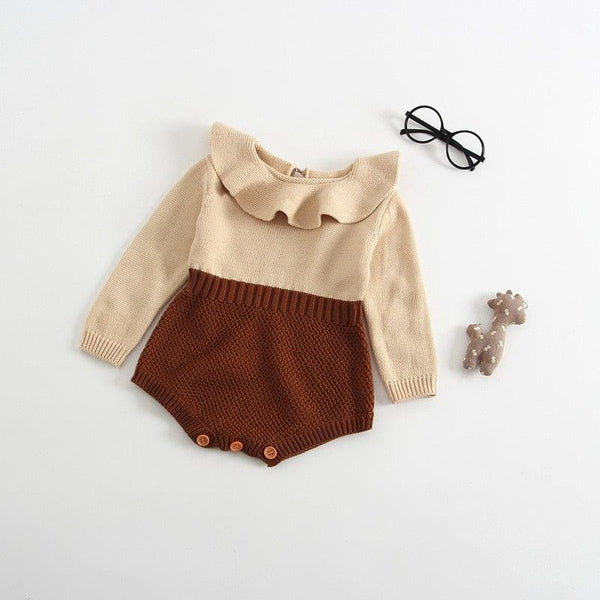 Beige and brown knit romper for babies with long sleeves and ruffled collar for infants
