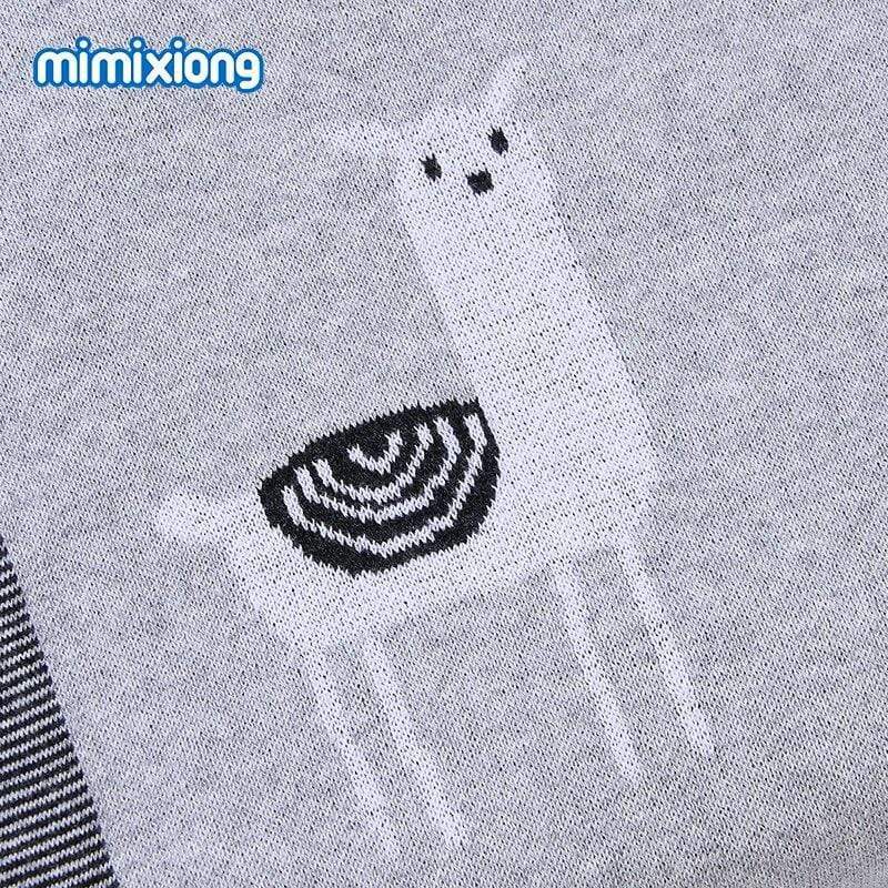 Gray soft knitted baby blanket with white llama design for infants