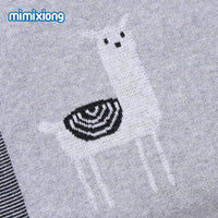 Gray soft knitted baby blanket with white llama design for infants
