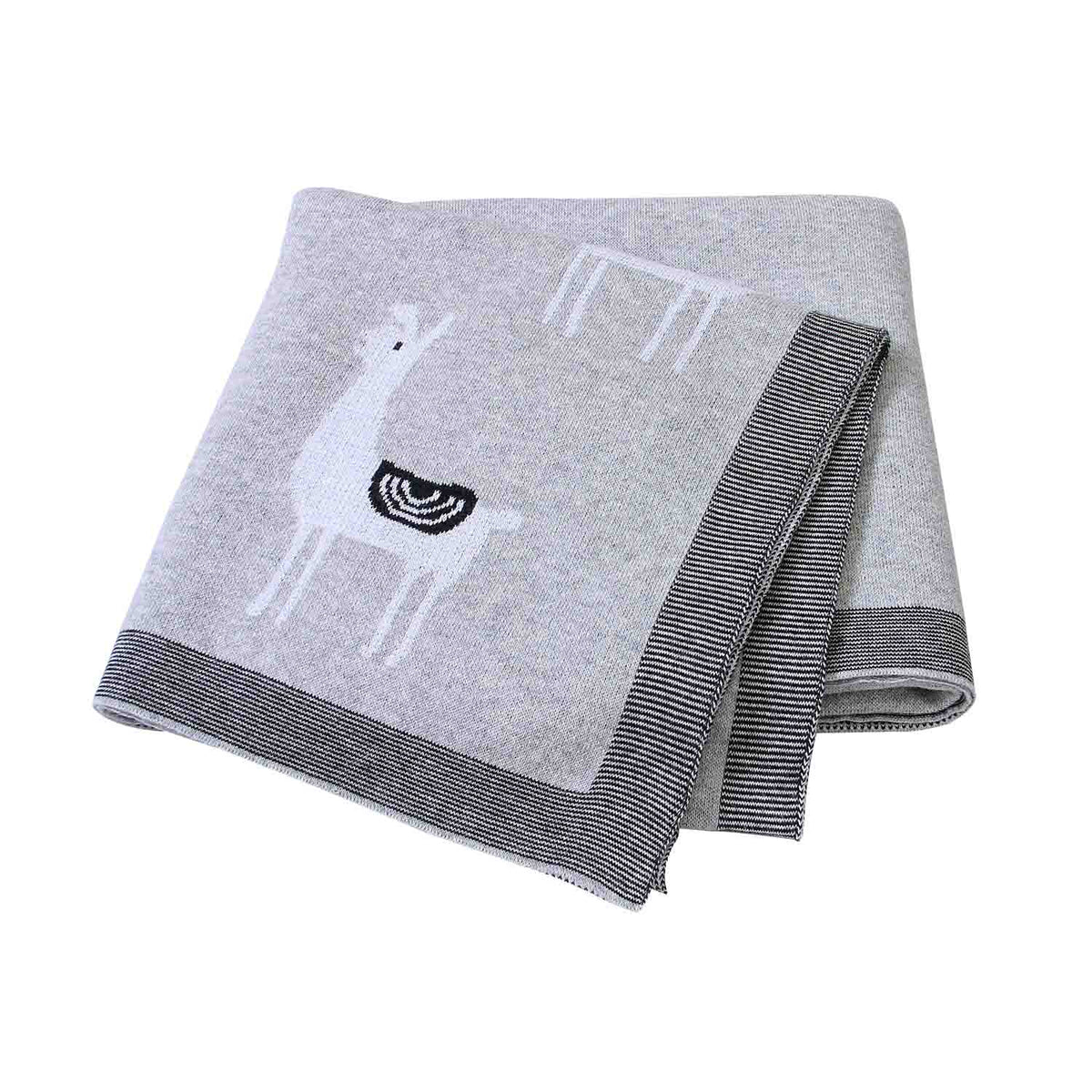 gray soft knitted baby blanket for infants with white llama design and striped border