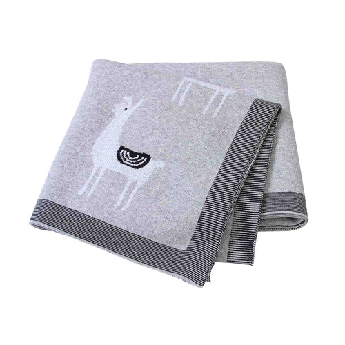 gray soft knitted baby blanket for infants with white llama design and striped border
