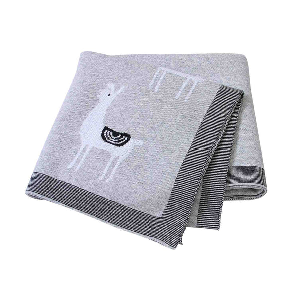 gray soft knitted baby blanket for infants with white llama design and striped border