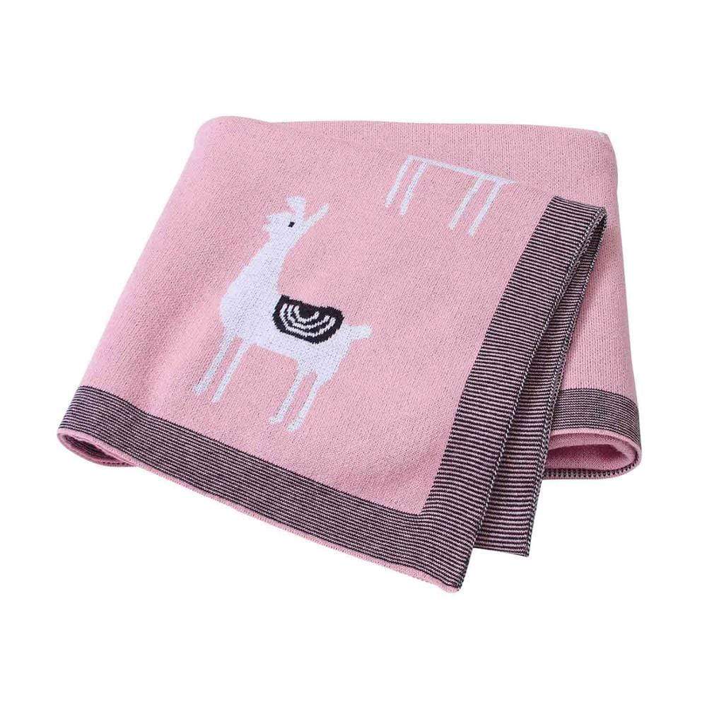 Pink soft knitted baby blanket for infants with white llama design and striped edges