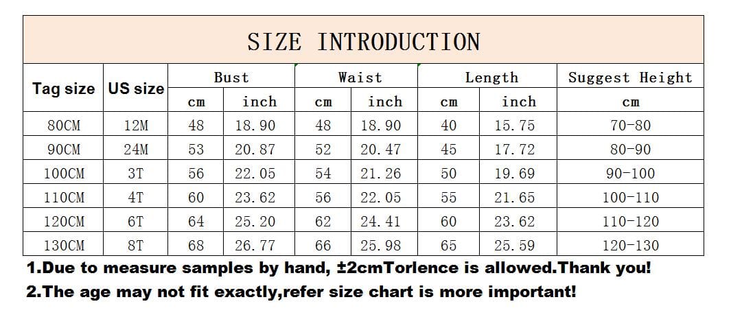 Size chart for baby girl special occasion dress showing bust waist length and suggested height for ages 12M to 8T