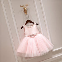 Light pink baby girl special occasion dress with sleeveless bodice and tulle skirt for toddlers