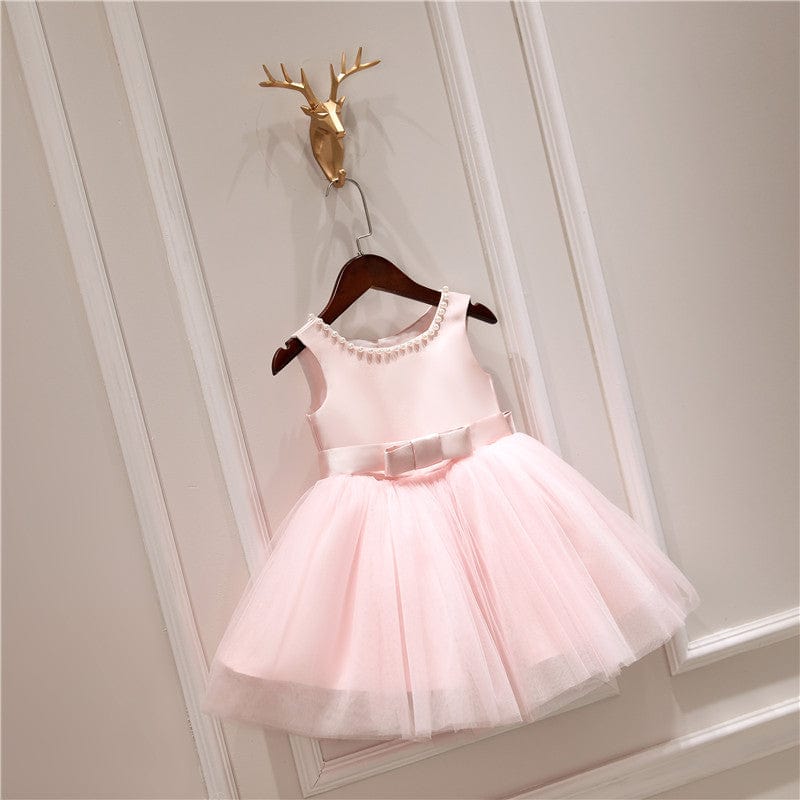 baby girl special occasion dress pale pink sleeveless with tulle skirt and bow belt