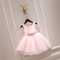 baby girl special occasion dress pale pink sleeveless with tulle skirt and bow belt