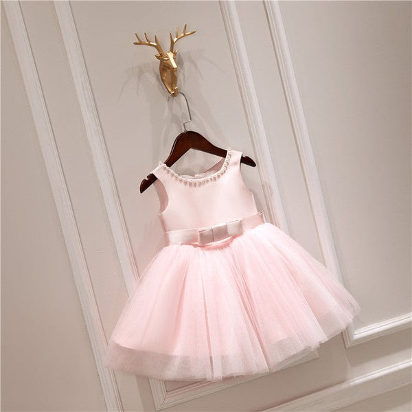 baby girl special occasion dress pale pink sleeveless with tulle skirt and bow belt