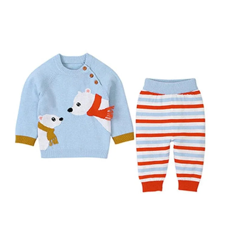 Baby blue polar bear sweater knit set for babies with orange scarf detail and striped pants
