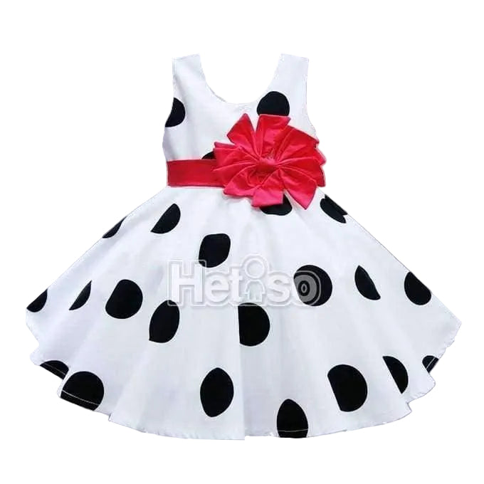 white and black polka dot baby party dress with red bow sash for infant girls