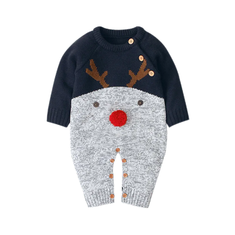 baby navy and gray reindeer baby romper with red nose and button details for infants