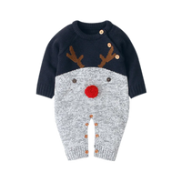 baby navy and gray reindeer baby romper with red nose and button details for infants