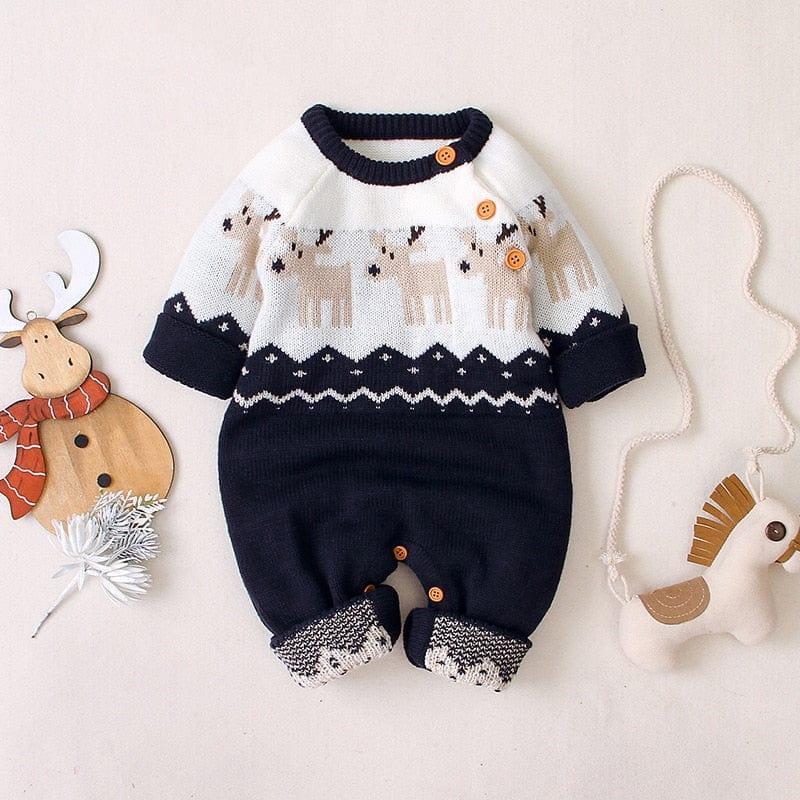 Navy and white reindeer baby romper for infants with button details and long sleeves