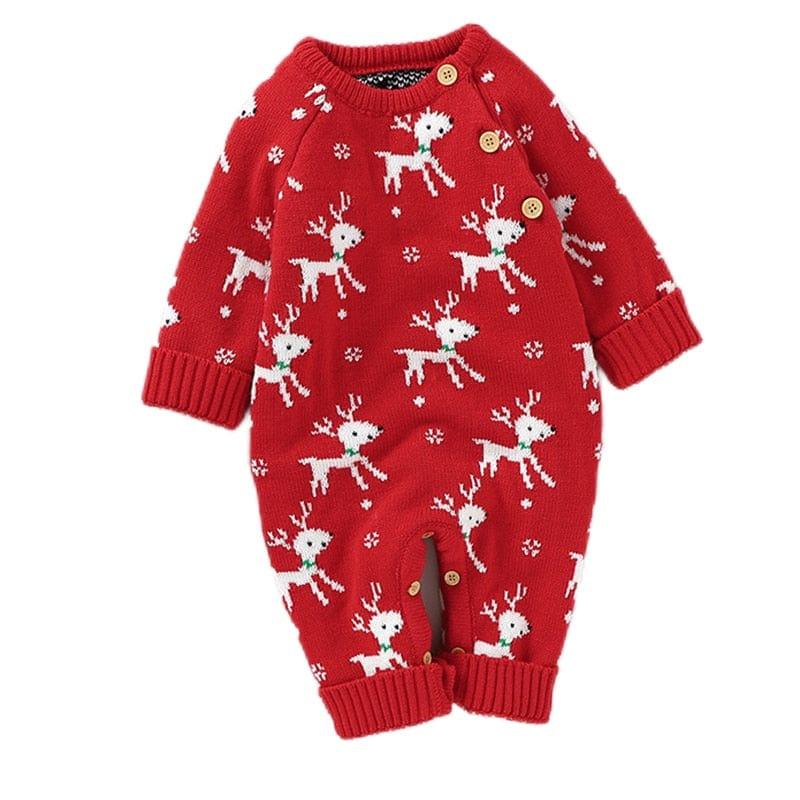 Red reindeer baby romper with long sleeves and wooden button details for infants and toddlers