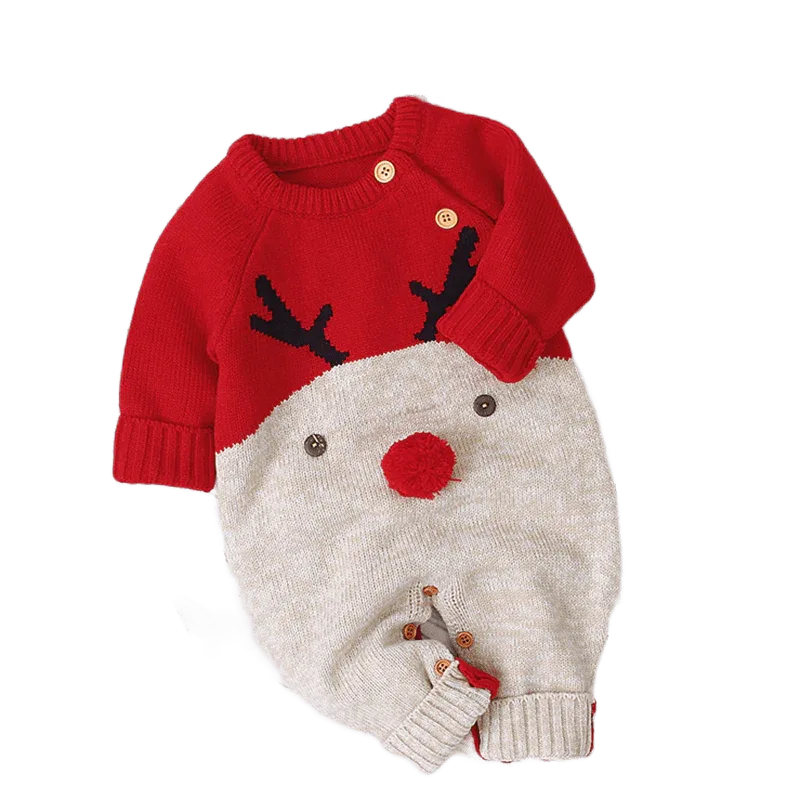 red and cream reindeer baby romper for infants with antler and pompom nose design