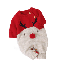 red and cream reindeer baby romper for infants with antler and pompom nose design