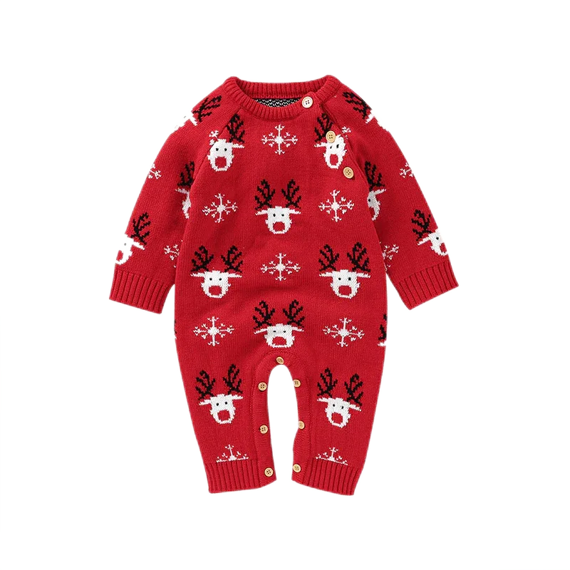 Red reindeer baby romper with white snowflakes and button details for infants