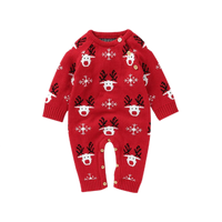 Red reindeer baby romper with white snowflakes and button details for infants