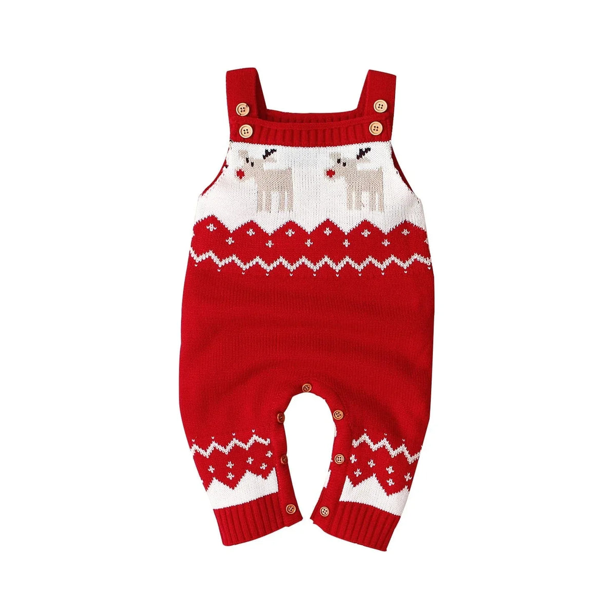 Red and white reindeer baby romper for infants with button straps and festive knit pattern