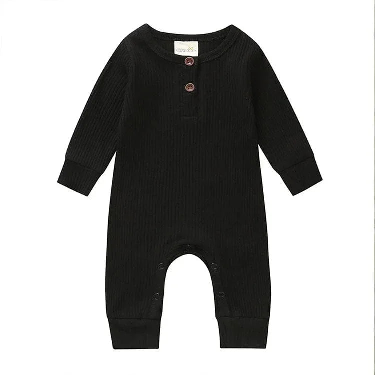 Black ribbed knit baby toddler romper with long sleeves and button details