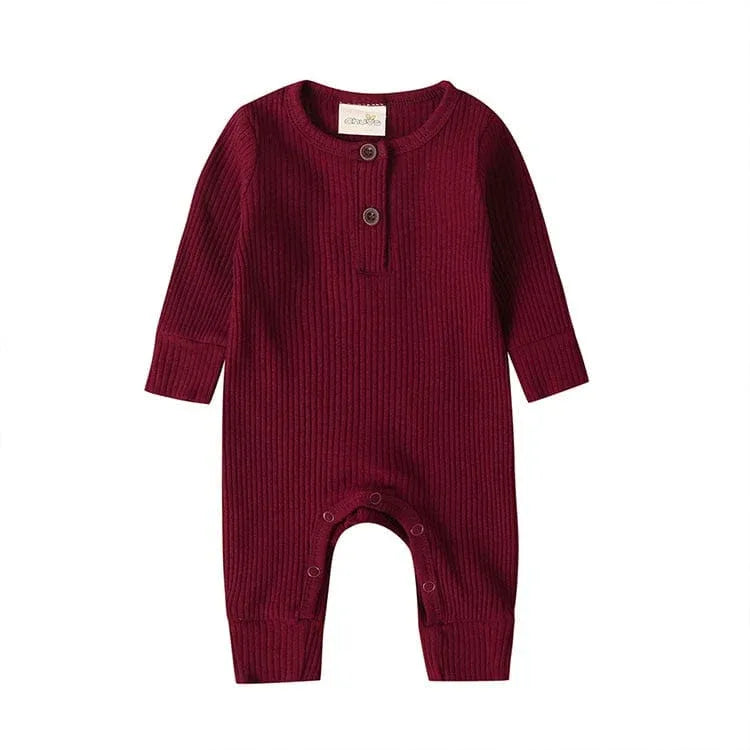 Burgundy ribbed knit baby toddler romper with long sleeves and button closure