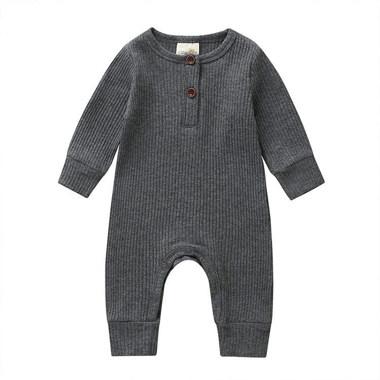 Gray ribbed knit baby toddler romper with long sleeves and button detail