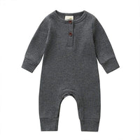Gray ribbed knit baby toddler romper with long sleeves and button detail