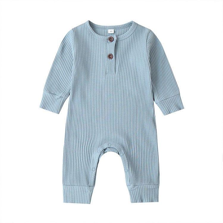 Light blue ribbed knit baby toddler romper with long sleeves and button detail