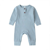 Light blue ribbed knit baby toddler romper with long sleeves and button detail