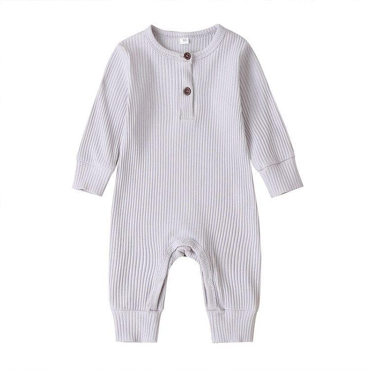Light gray ribbed knit baby toddler romper with long sleeves and button closure for infants