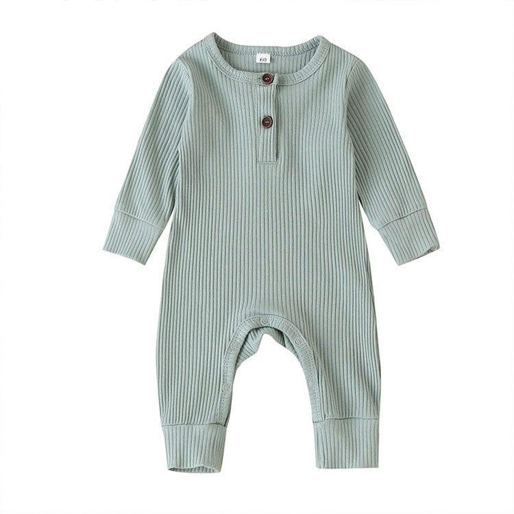 sage green ribbed knit baby toddler romper with long sleeves and button detail