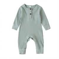 sage green ribbed knit baby toddler romper with long sleeves and button detail