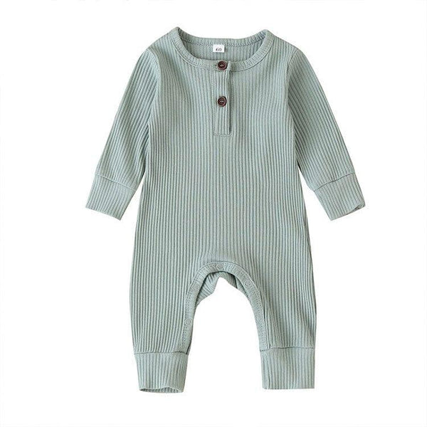 sage green ribbed knit baby toddler romper with long sleeves and button detail