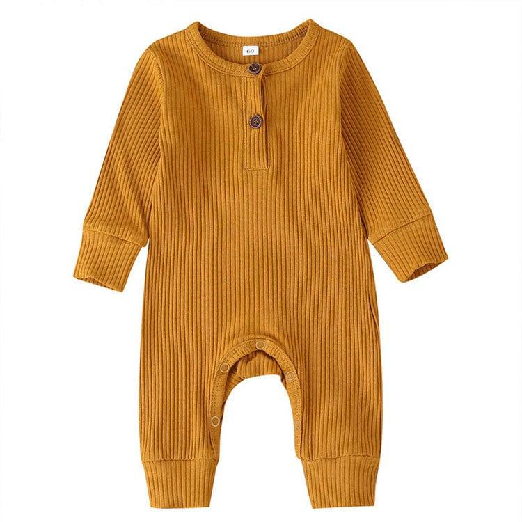 mustard yellow ribbed knit baby toddler romper with long sleeves and button details