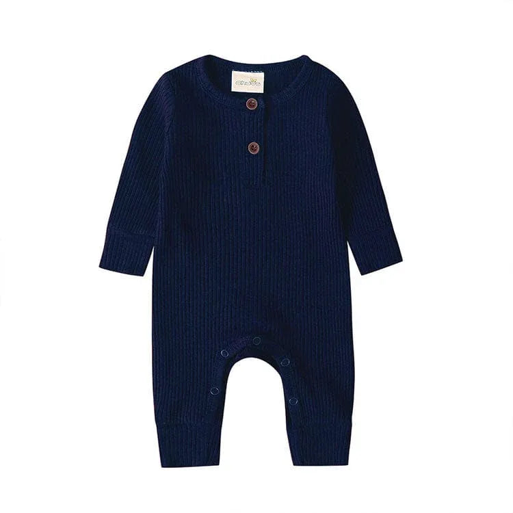 navy blue ribbed knit baby toddler romper with button detail long sleeve for infants