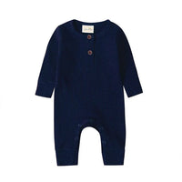 navy blue ribbed knit baby toddler romper with button detail long sleeve for infants