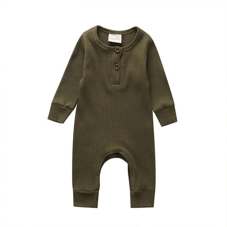 Olive green ribbed knit baby toddler romper with long sleeves and buttoned front placket