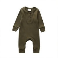 Olive green ribbed knit baby toddler romper with long sleeves and buttoned front placket