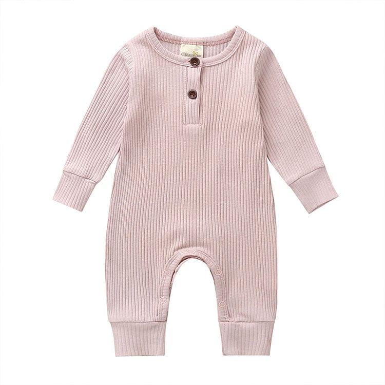 Pink ribbed knit baby toddler romper with long sleeves and button details for infants