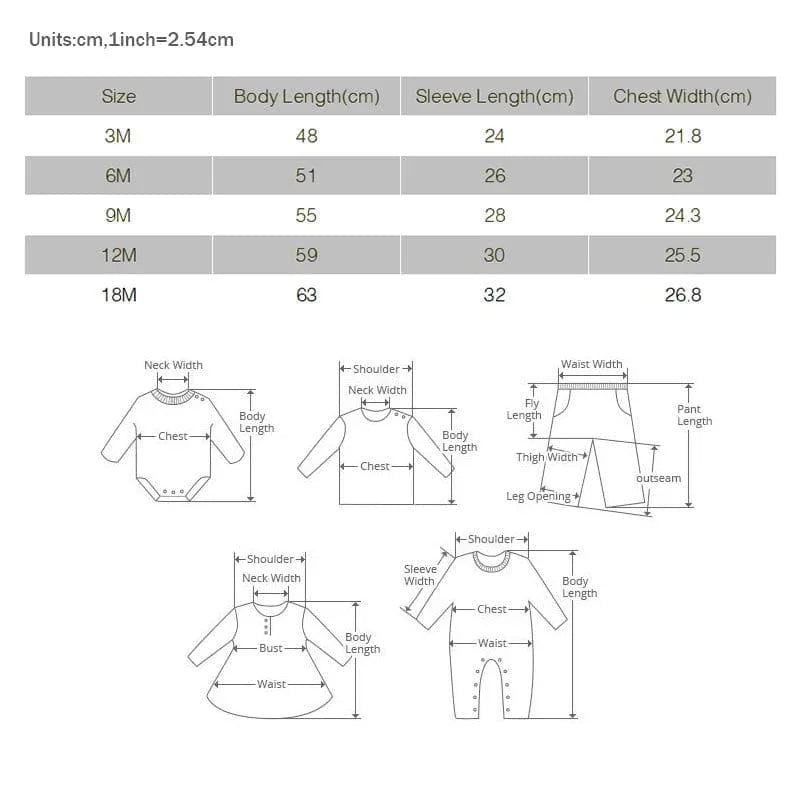 ribbed knit baby toddler romper in various sizes from 3 to 18 months with detailed measurement chart